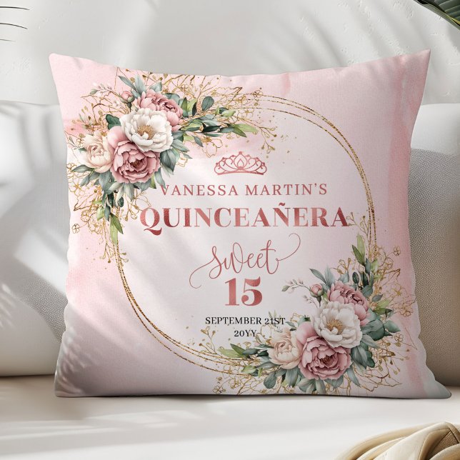 Elegant Rose Gold Floral Best Gift Quinceañera  Throw Pillow (Elegant Rose Gold Floral Best Gift Quinceañera Pillow)