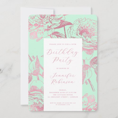 Elegant Rose Gold Floral Birthday Party Mint  Invitation