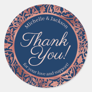 Elegant Rose Gold Floral Border Thank You Wedding Classic Round Sticker