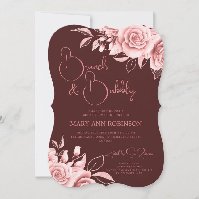 Elegant Rose Gold Floral Bridal Shower Burgundy Invitation (Front)