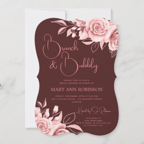 Elegant Rose Gold Floral Bridal Shower Burgundy Invitation
