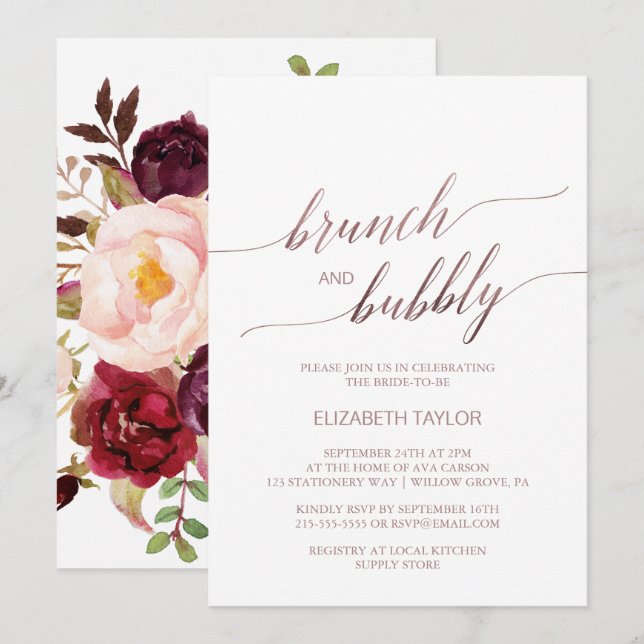 Elegant Rose Gold | Floral Brunch & Bubbly Invitation (Front/Back)