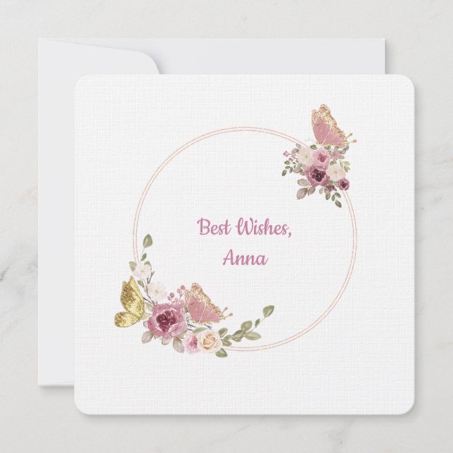 Elegant Rose Gold Floral Butterfly Frame Card (Front)