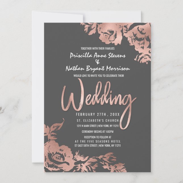 Elegant Rose Gold Floral Dark Gray Wedding Invitation (Front)