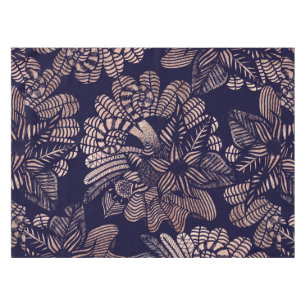 Elegant Rose Gold Floral Drawings on Navy Blue Tablecloth