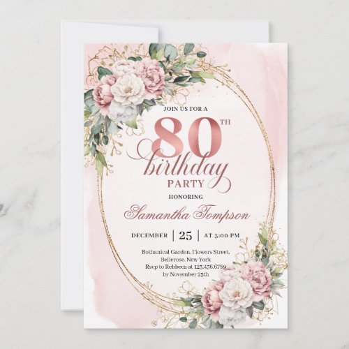 Elegant Rose Gold Floral Eucalyptus 80th Birthday 