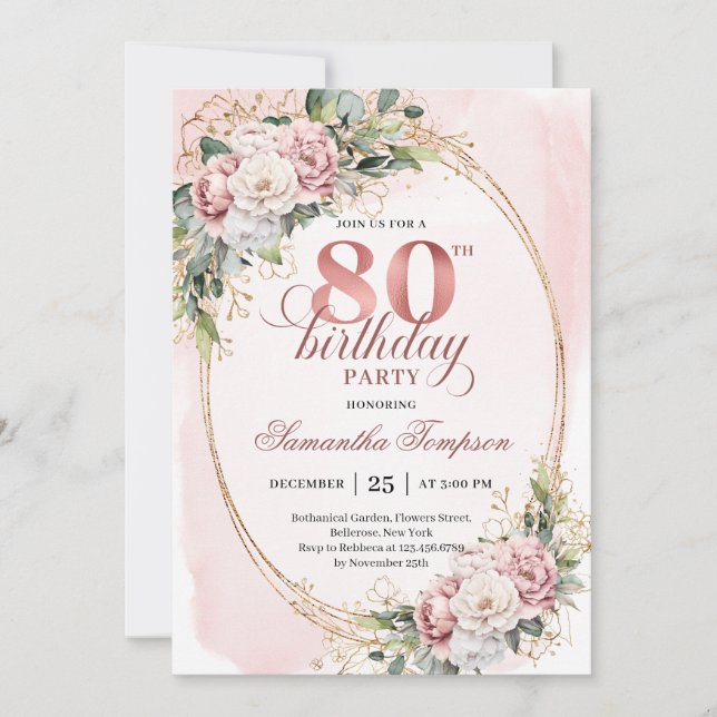 Elegant Rose Gold Floral Eucalyptus 80th Birthday  Invitation (Front)