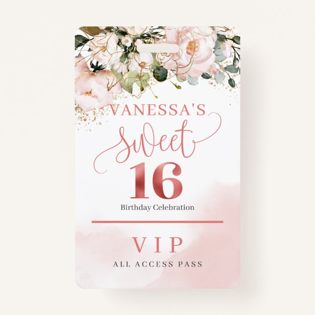 Elegant rose gold floral eucalyptus gold sixteen badge (Front)