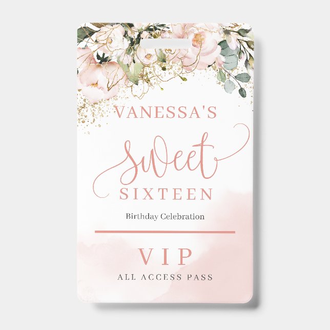 Elegant rose gold floral eucalyptus gold sixteen badge (Front)