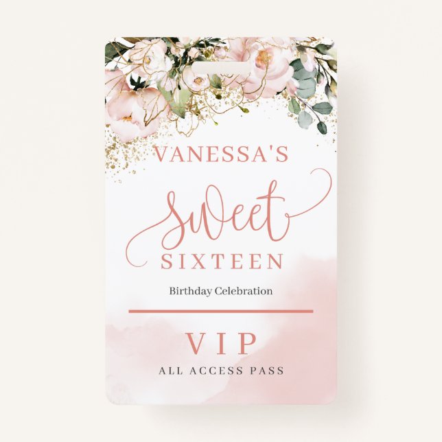Elegant rose gold floral eucalyptus gold sixteen badge (Front)