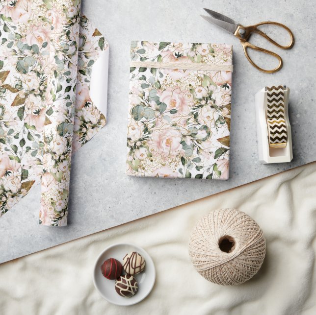 Elegant rose gold floral eucalyptus gold sparkles wrapping paper (Crafts)