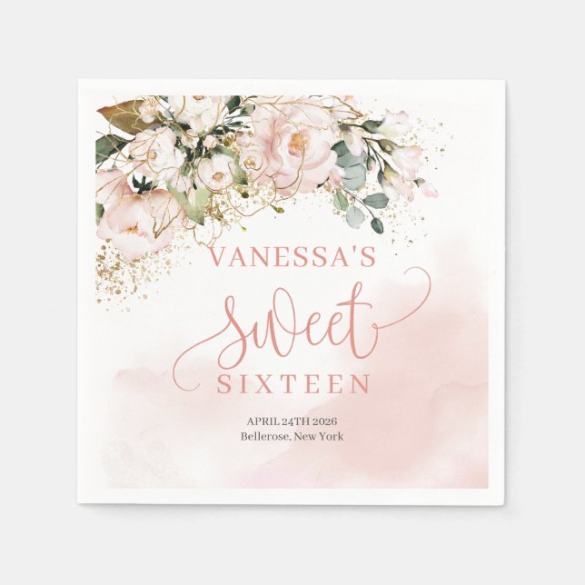 Elegant rose gold floral eucalyptus gold Sweet 16 Napkins (Front)