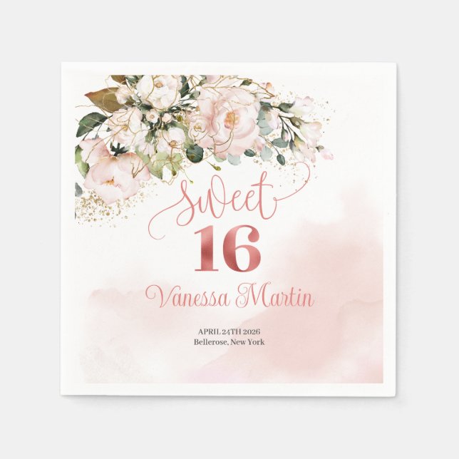 Elegant rose gold floral eucalyptus gold Sweet 16 Napkins (Front)