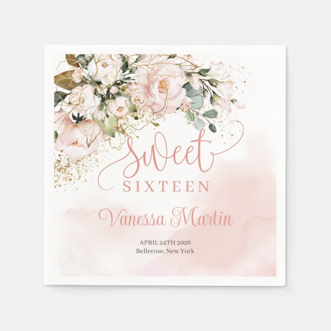 Elegant rose gold floral eucalyptus gold Sweet 16 Napkins (Front)