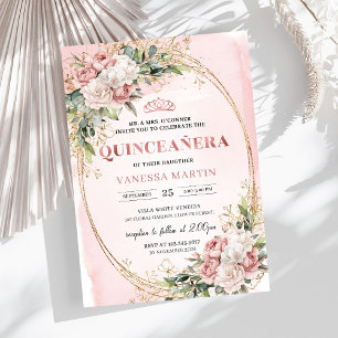 Elegant Rose Gold Floral Eucalyptus Quinceañera Invitation
