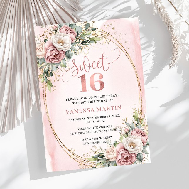 Elegant Rose Gold Floral Eucalyptus Sweet 16 Invit Invitation (Elegant Rose Gold Floral Eucalyptus Sweet 16 Invite)