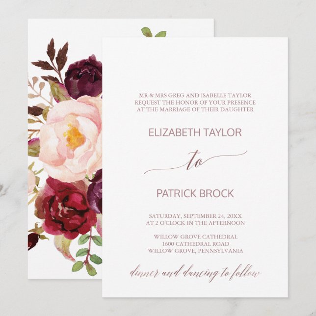 Elegant Rose Gold | Floral Formal Wedding Invitation (Front/Back)