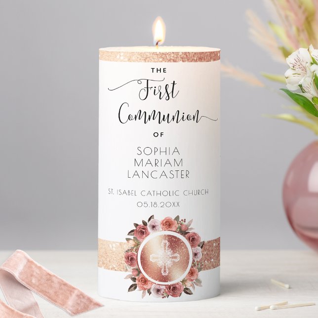 Elegant Rose Gold Floral, Girl First Communion Pillar Candle (Creator Uploaded)
