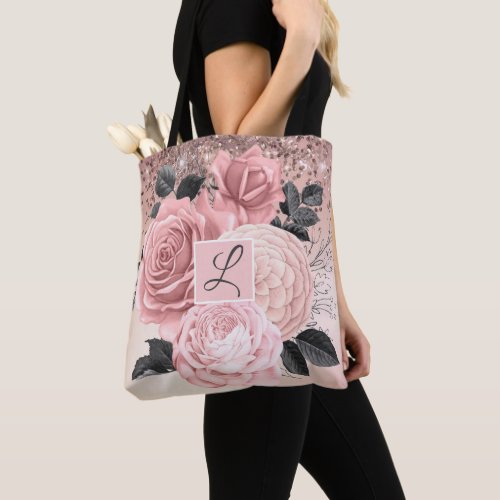 Elegant Rose Gold Floral Glitter Initials Monogram Tote Bag