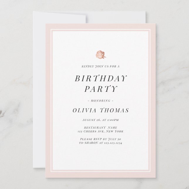 Elegant Rose gold floral minimalist Birthday Party Invitation (Front)