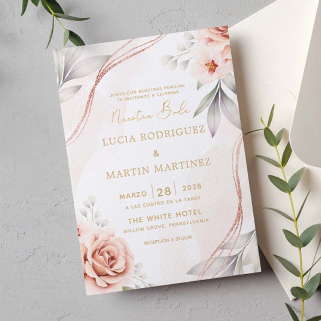 Elegant Rose Gold Floral Nuestra Boda Invitation (Creator Uploaded)
