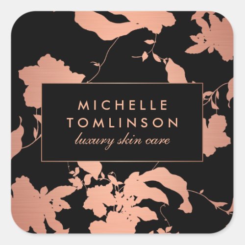 Elegant Rose Gold Floral Pattern Black Square Sticker