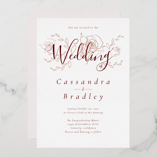 Elegant Rose Gold Floral Pink Burgundy Wedding Foil Invitation (Front/Back)