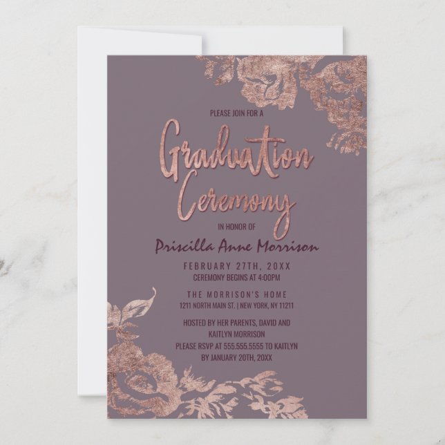 Elegant Rose Gold Floral Purple Mauve Graduation Invitation (Front)