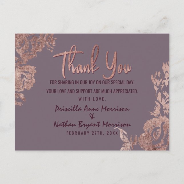 Elegant Rose Gold Floral Purple Mauve Thank You Postcard (Front)