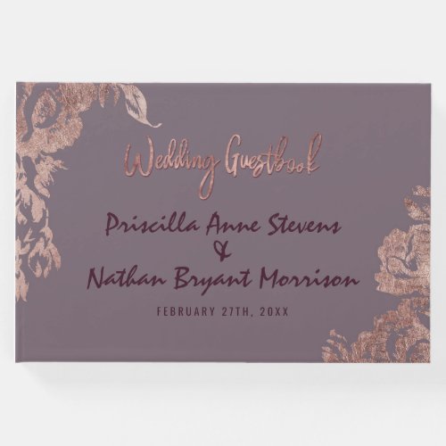 Elegant Rose Gold Floral Purple Mauve Wedding Guest Book