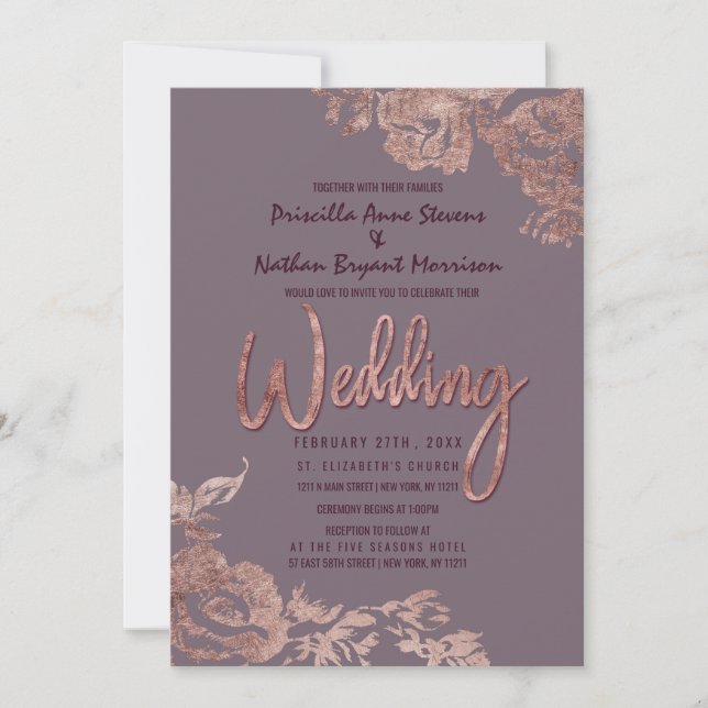 Elegant Rose Gold Floral Purple Mauve Wedding Invitation (Front)