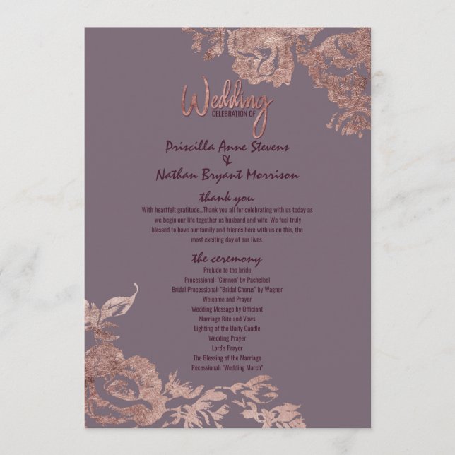 Elegant Rose Gold Floral Purple Wedding Program (Front)