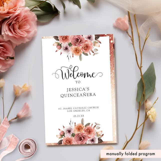Elegant Rose Gold Floral Quinceanera Program (Creator Uploaded)
