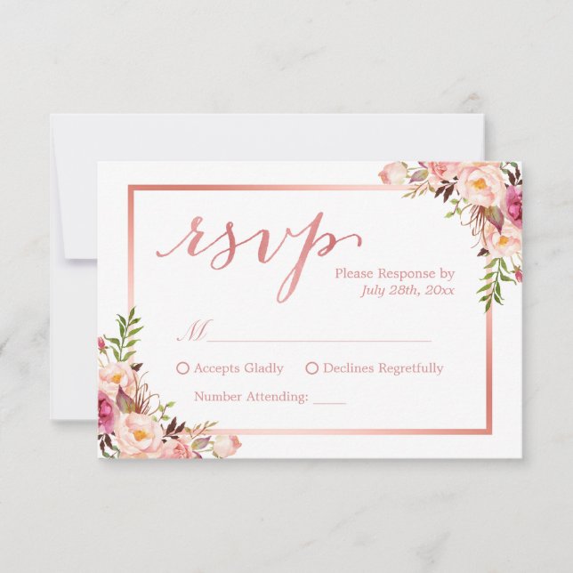 Elegant Rose Gold Floral Wedding RSVP Reply Card (Front)