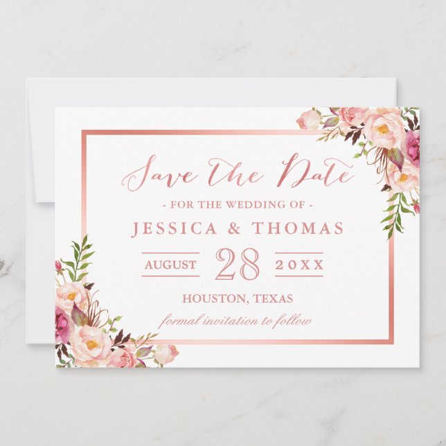 Elegant Rose Gold Floral Wedding Save the Date (Front)