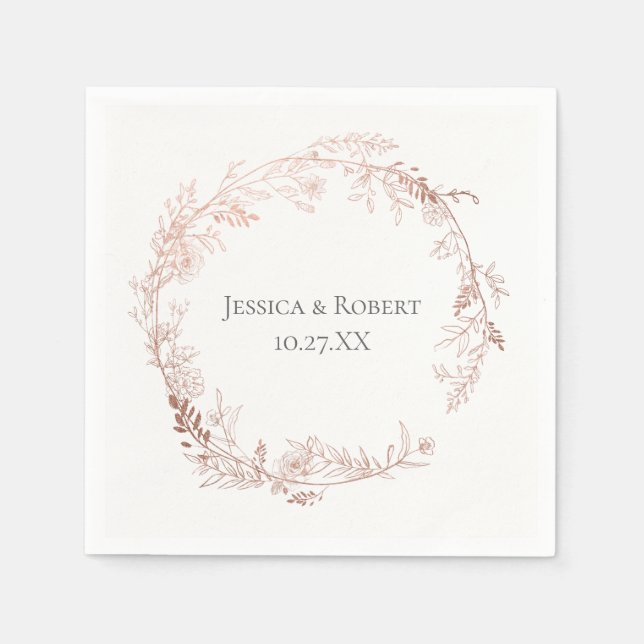 Elegant Rose Gold Floral Wreath Personalized Napkins (Front)