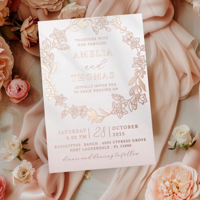 Elegant Rose Gold Floral Wreath Wedding Foil Invitation (Creator Uploaded)