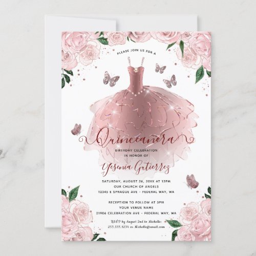 Elegant Rose Gold FloralQuinceaera Dress Invitation