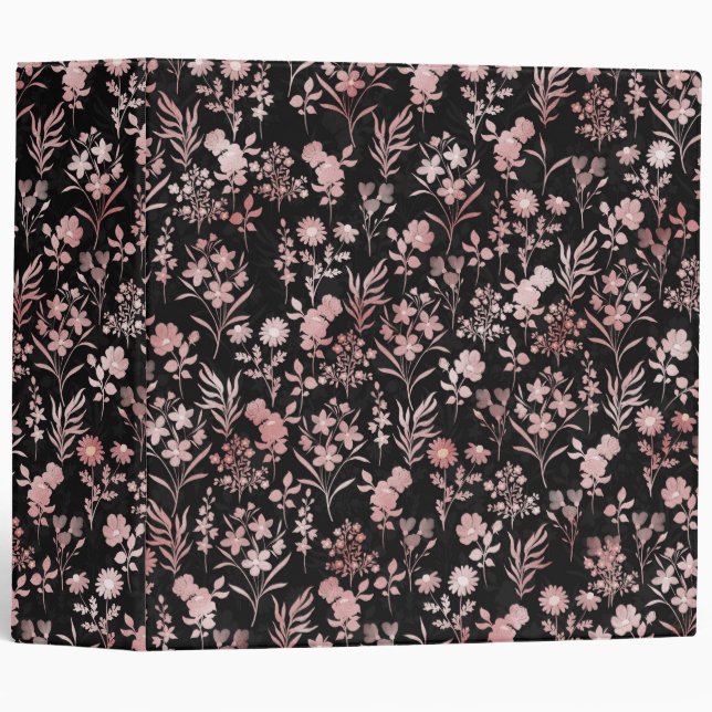 Elegant Rose Gold Flowers Black Botanical 3 Ring Binder (Front/Spine)