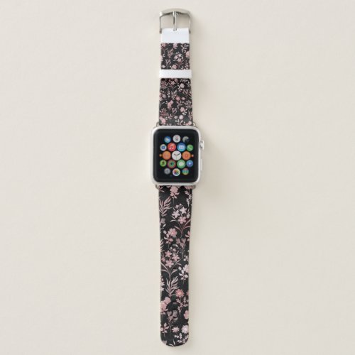 Elegant Rose Gold Flowers Black Botanical Apple Watch Band