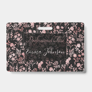Elegant Rose Gold Flowers Black Botanical Badge