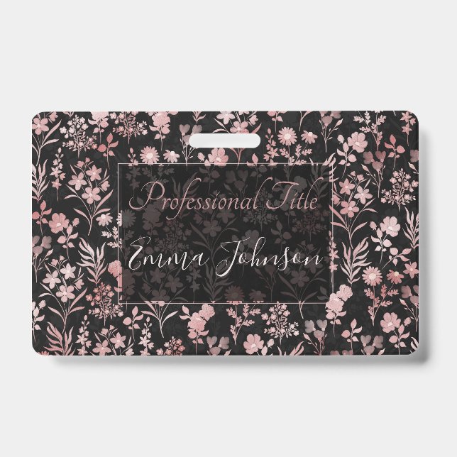 Elegant Rose Gold Flowers Black Botanical Badge (Front)