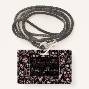 Elegant Rose Gold Flowers Black Botanical Badge