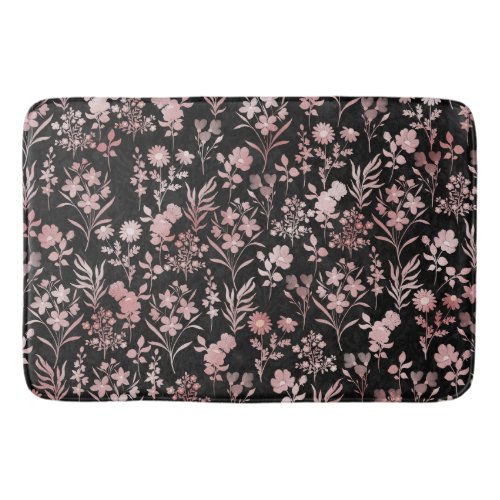 Elegant Rose Gold Flowers Black Botanical Bath Mat