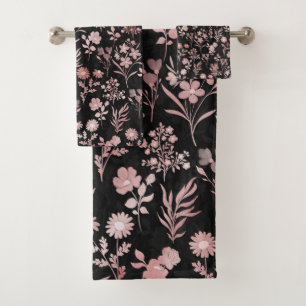 Elegant Rose Gold Flowers Black Botanical Bath Towel Set