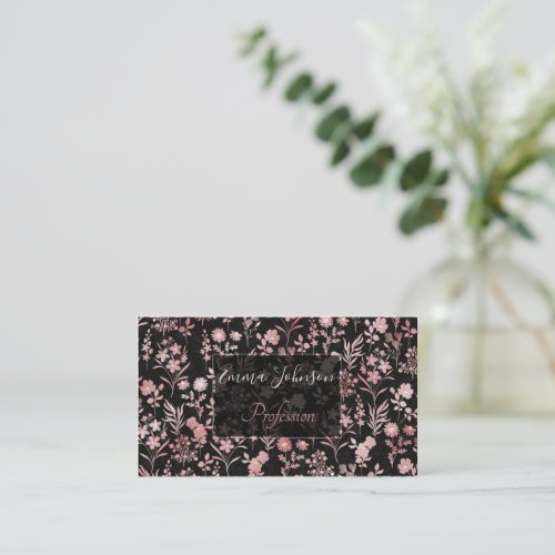 Elegant Rose Gold Flowers Black Botanical Business Card