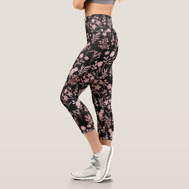 Elegant Rose Gold Flowers Black Botanical Capri Leggings (Left)