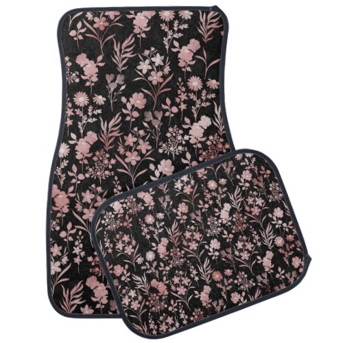 Elegant Rose Gold Flowers Black Botanical Car Floor Mat