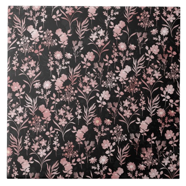 Elegant Rose Gold Flowers Black Botanical Ceramic Tile (Front)