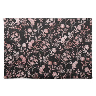 Elegant Rose Gold Flowers Black Botanical Cloth Placemat